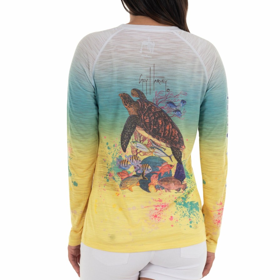 Womens Intradeco Performance Shirts & Hoodies | Ladies Hawksbill Reef Long Sleeve Yellow Slub Raglan Tee