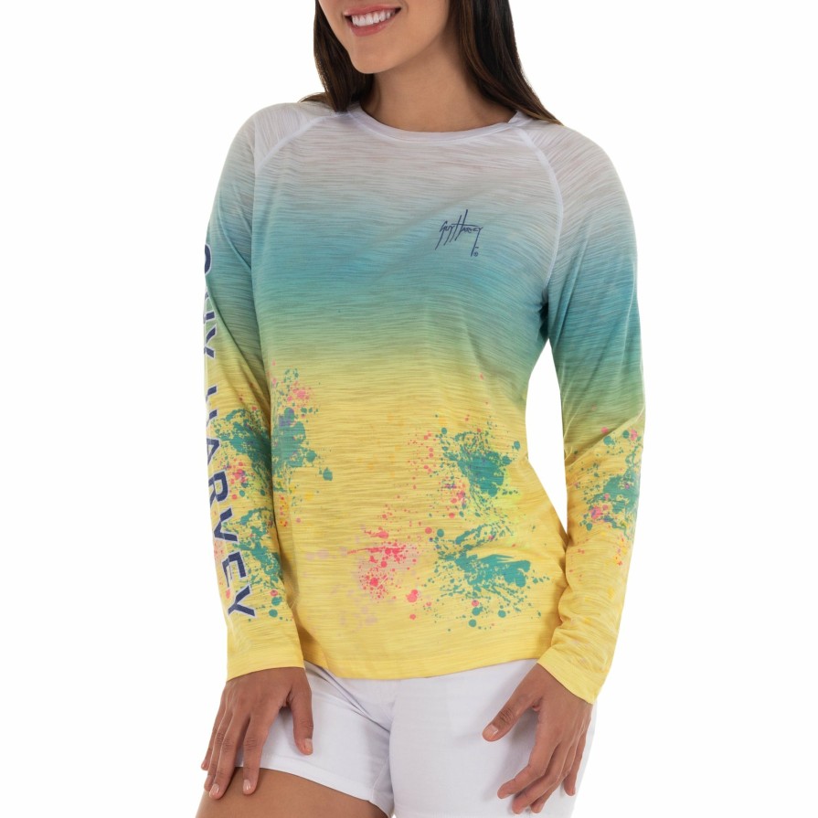 Womens Intradeco Performance Shirts & Hoodies | Ladies Hawksbill Reef Long Sleeve Yellow Slub Raglan Tee