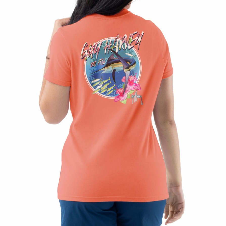 Womens Intradeco T-Shirts & Tank Tops | Ladies Marlin Runner Coral Short Sleeve V-Neck T-Shirt