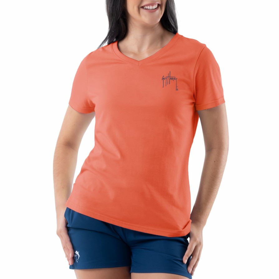 Womens Intradeco T-Shirts & Tank Tops | Ladies Marlin Runner Coral Short Sleeve V-Neck T-Shirt