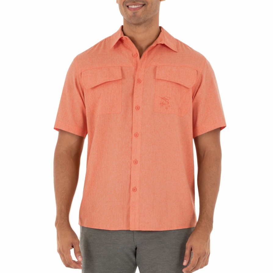 Mens Intradeco Button Down Fishing Shirts | Men'S Short Sleeve Heather Textured Cationic Coral Fishing Shirt