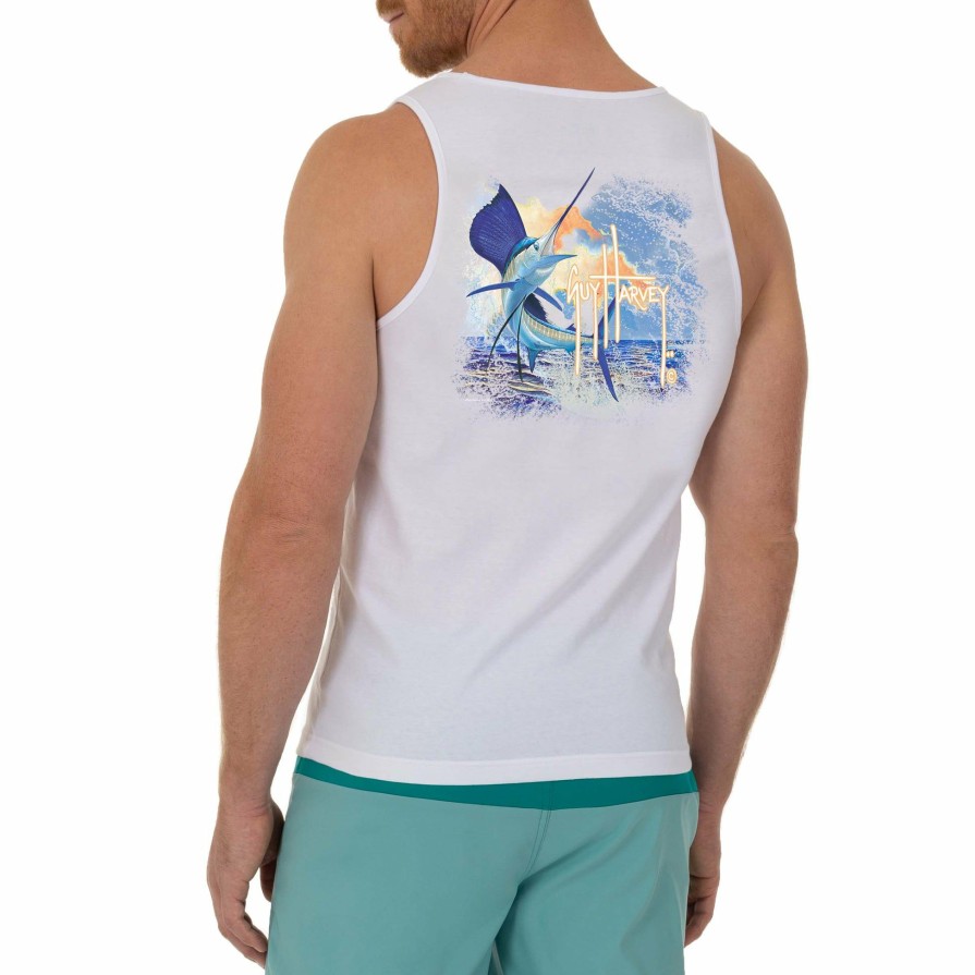 Mens Intradeco T-Shirts & Tank Tops | Men'S Sunset Sailfish White Tank Top