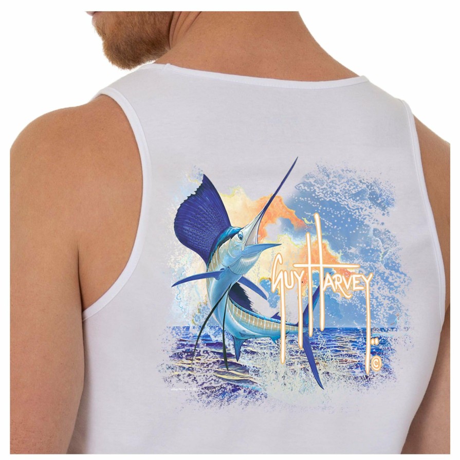 Mens Intradeco T-Shirts & Tank Tops | Men'S Sunset Sailfish White Tank Top