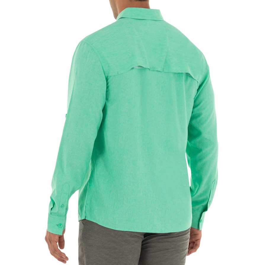 Mens Intradeco Button Down Fishing Shirts | Men'S Long Sleeve Heather Textured Cationic Green Fishing Shirt