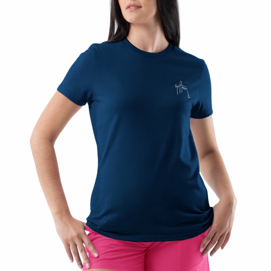 Womens Intradeco T-Shirts & Tank Tops | Ladies Hibiscus Dawn Navy Short Sleeve Crew Neck T-Shirt