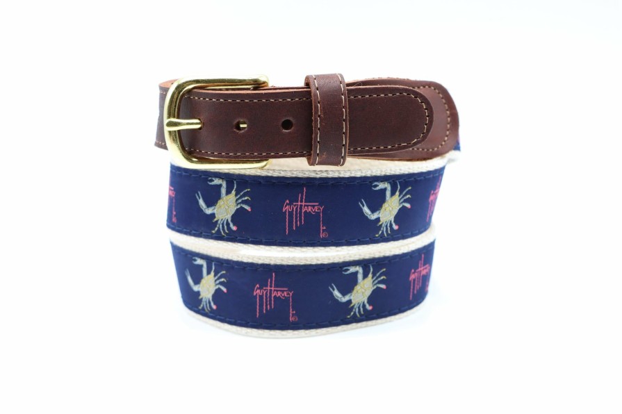 Mens Intradeco Belts & Keychains | Men'S Crab On Navy Leather Tab Belt