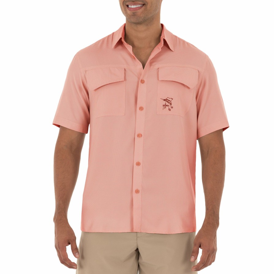 Mens Intradeco Button Down Fishing Shirts | Men'S Short Sleeve Texture Gingham Coral Performance Fishing Shirt