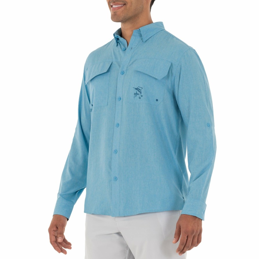 Mens Intradeco Button Down Fishing Shirts | Men'S Long Sleeve Heather Textured Cationic Blue Fishing Shirt