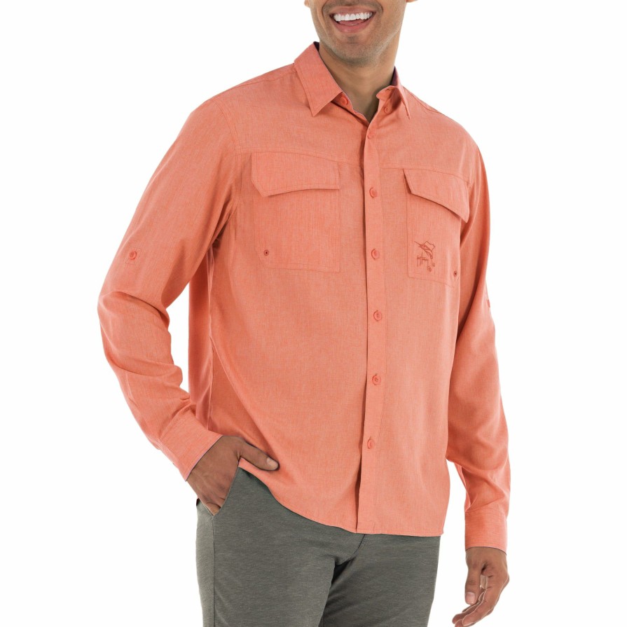 Mens Intradeco Button Down Fishing Shirts | Men'S Long Sleeve Heather Textured Cationic Coral Fishing Shirt