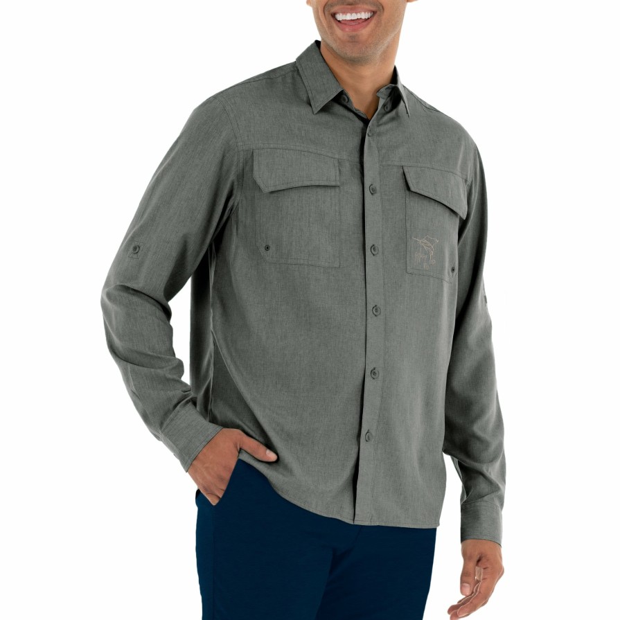 Mens Intradeco Button Down Fishing Shirts | Men'S Long Sleeve Heather Textured Cationic Grey Fishing Shirt