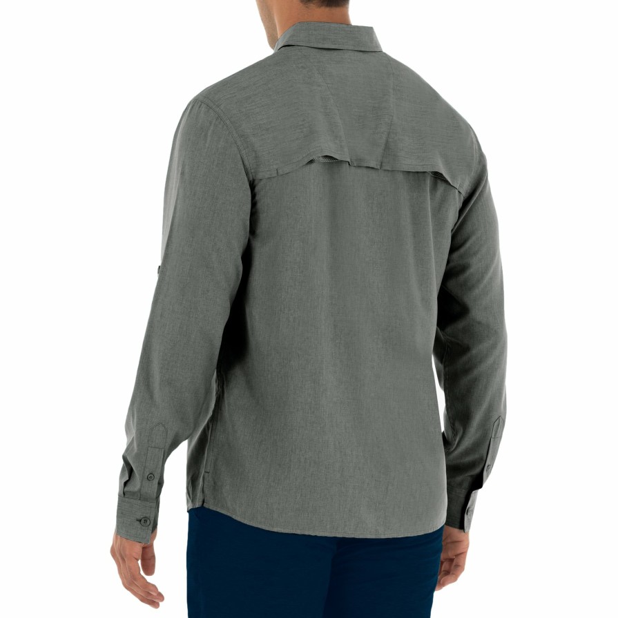 Mens Intradeco Button Down Fishing Shirts | Men'S Long Sleeve Heather Textured Cationic Grey Fishing Shirt