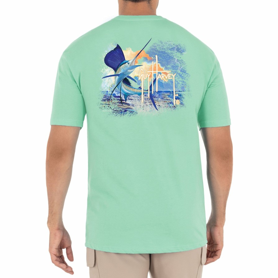 Mens Intradeco T-Shirts & Tank Tops | Men'S Sunset Sailfish Short Sleeve Green T-Shirt