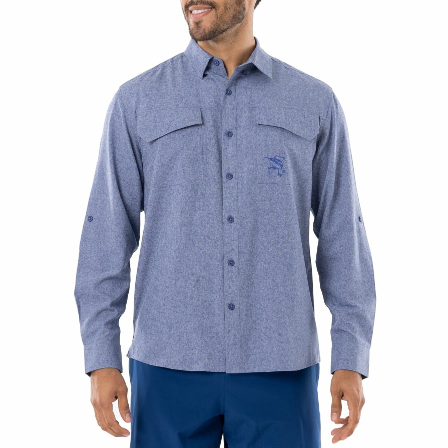 Mens Intradeco Button Down Fishing Shirts | Men'S Long Sleeve Heather Textured Performance Fishing Shirt