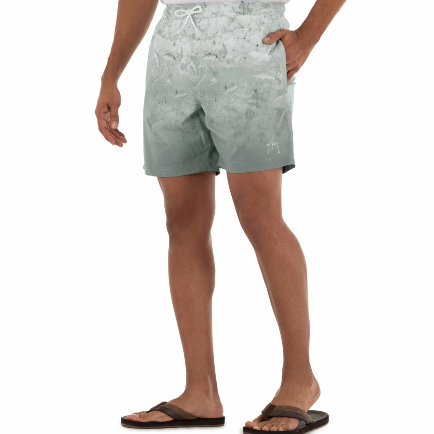 Mens Intradeco Swim Trunks | Men'S Grey Ombre Saltwater Print 7" Volley Swim Trunk