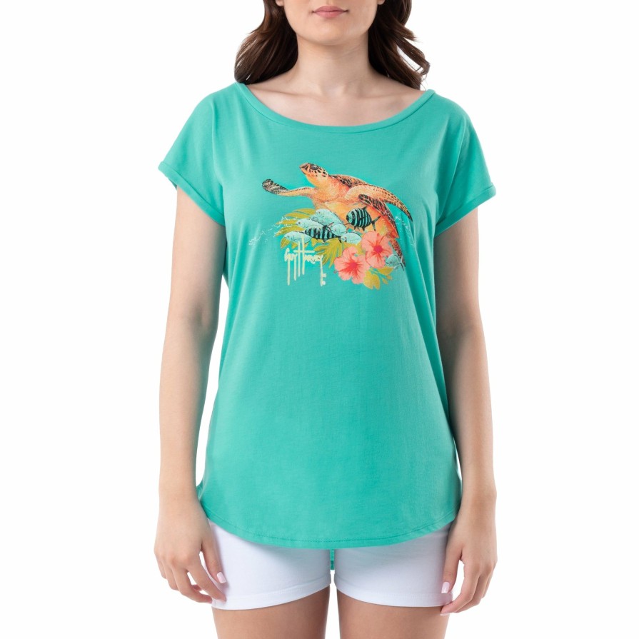 Womens Intradeco T-Shirts & Tank Tops | Ladies Turtle Hibiscus Roll Sleeve Dolman